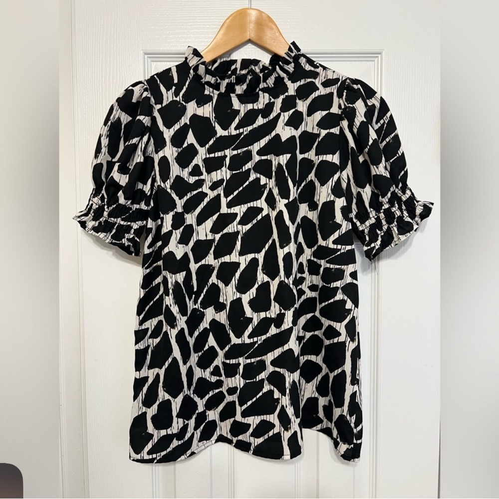 Black and White Ruffled Blouse with Mandarin Collar